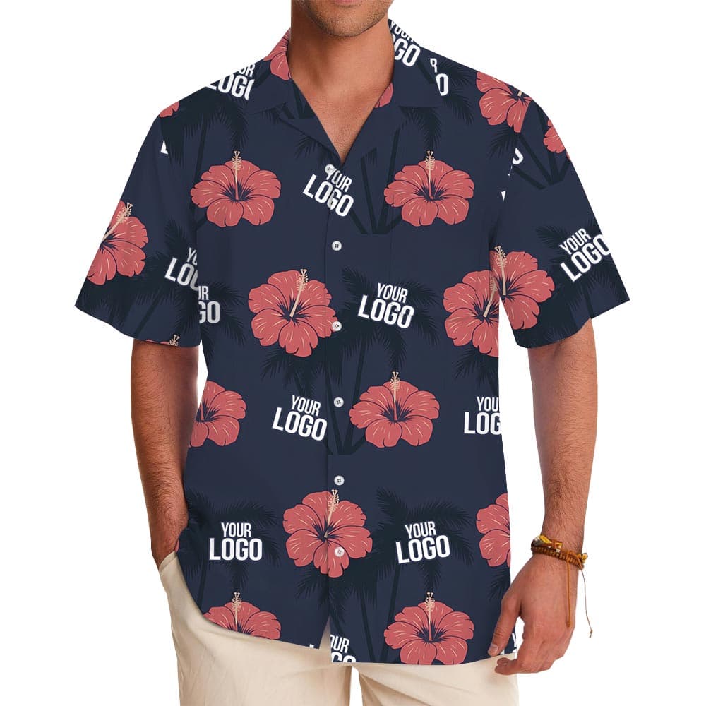 Classic Hibiscus Navy Hawaiian Shirt Custom Logo