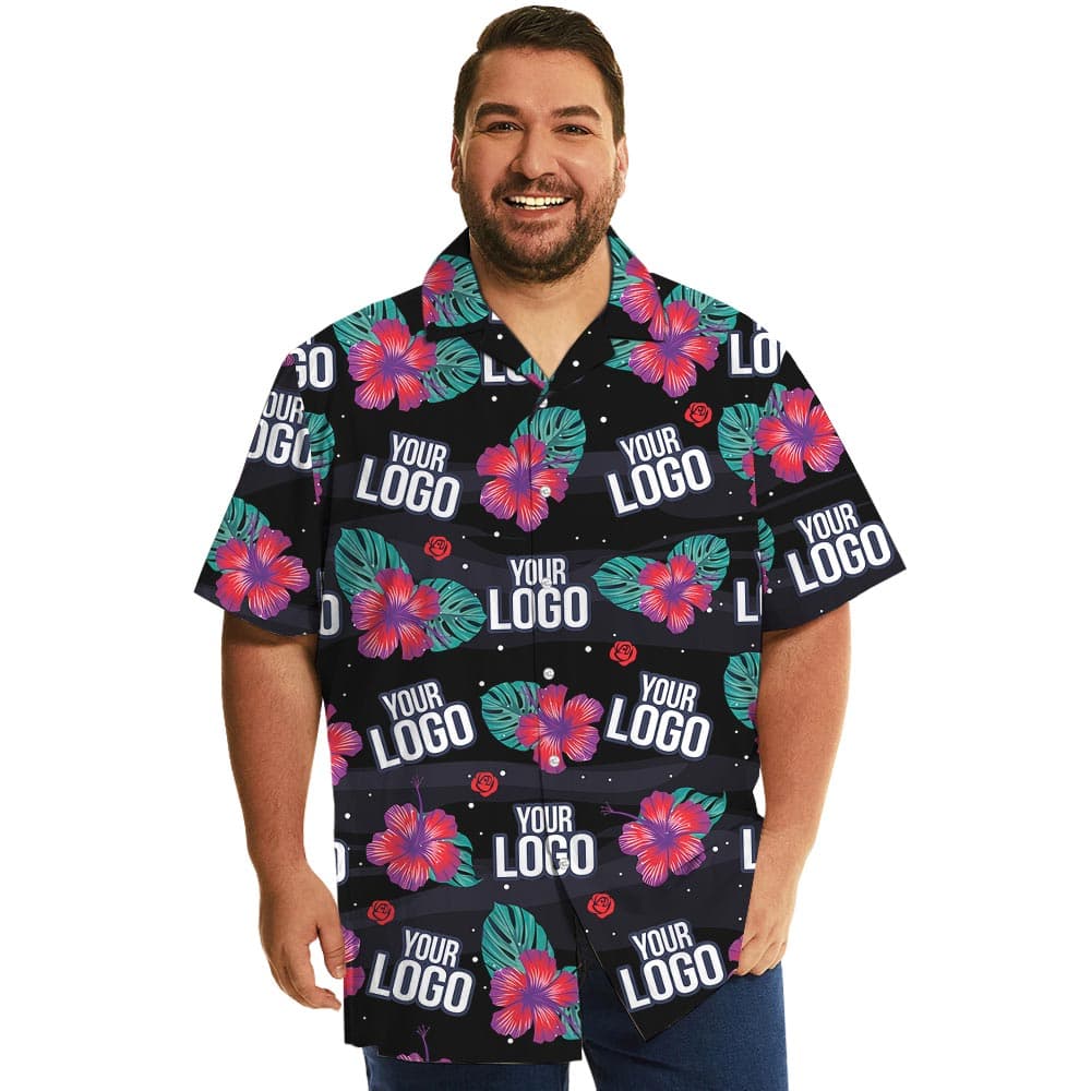 Company Custom Logo Black Hawaiian Shirt Pink Hibiscus