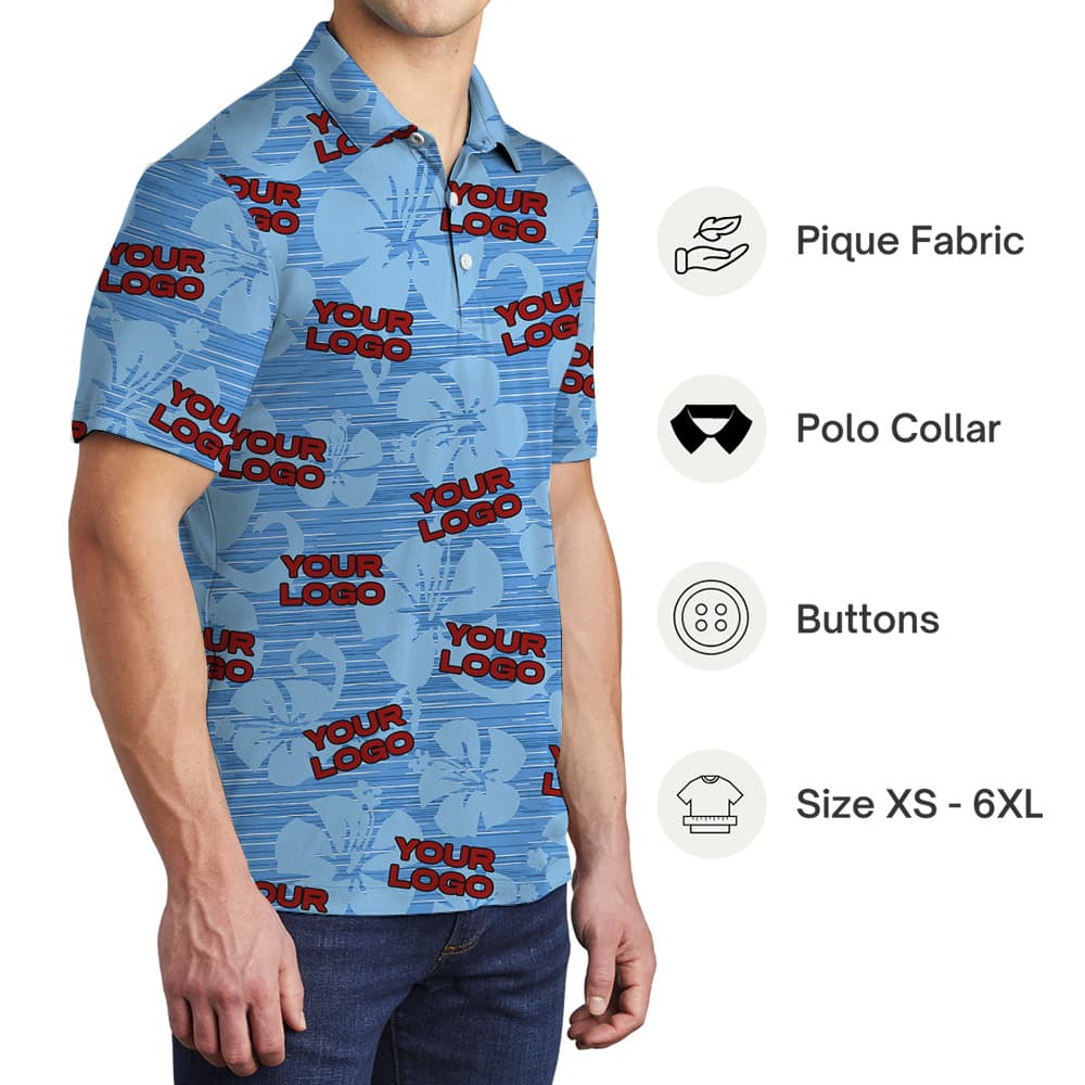 Custom 1-4 Logos Blue Hawaiian Polo Shirts