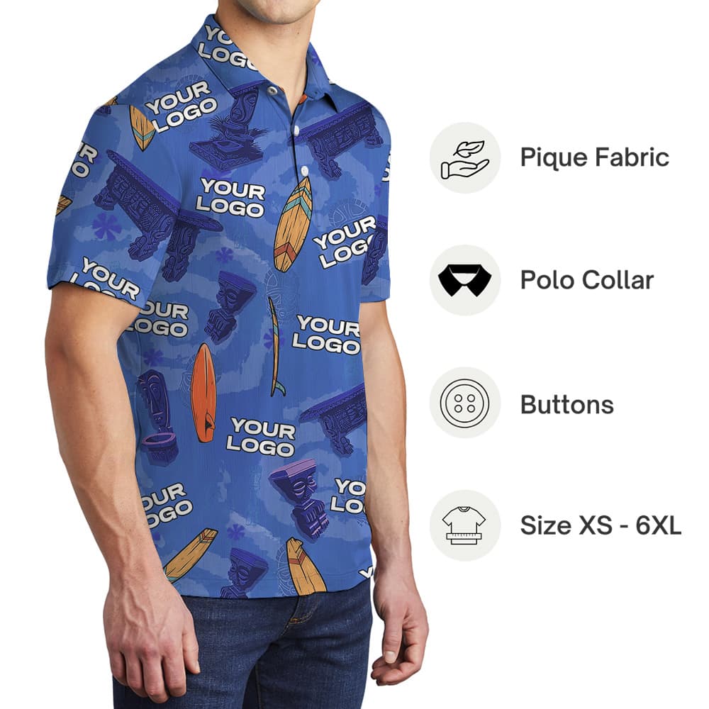 Custom 1-4 Logos Blue Tiki Surfing Polo Shirt