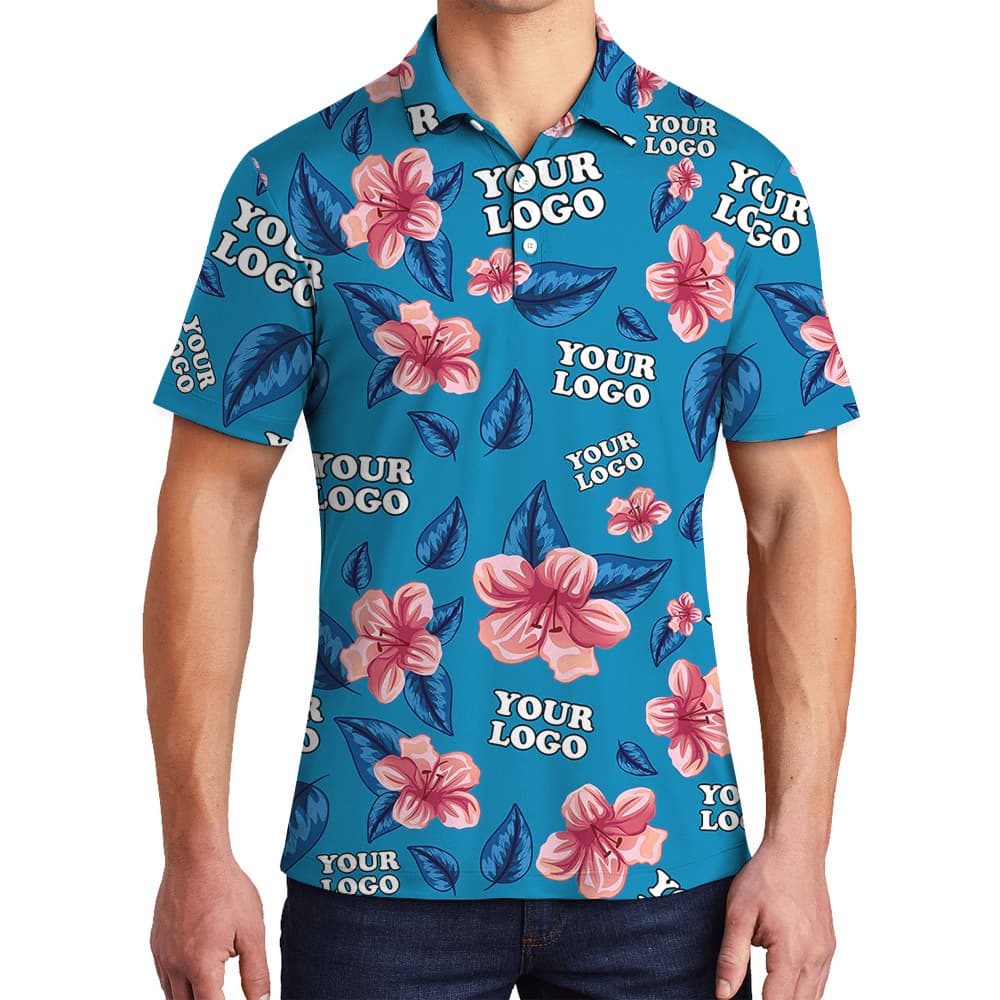Custom 1-4 Logos Floral Blue Polo Shirt 1