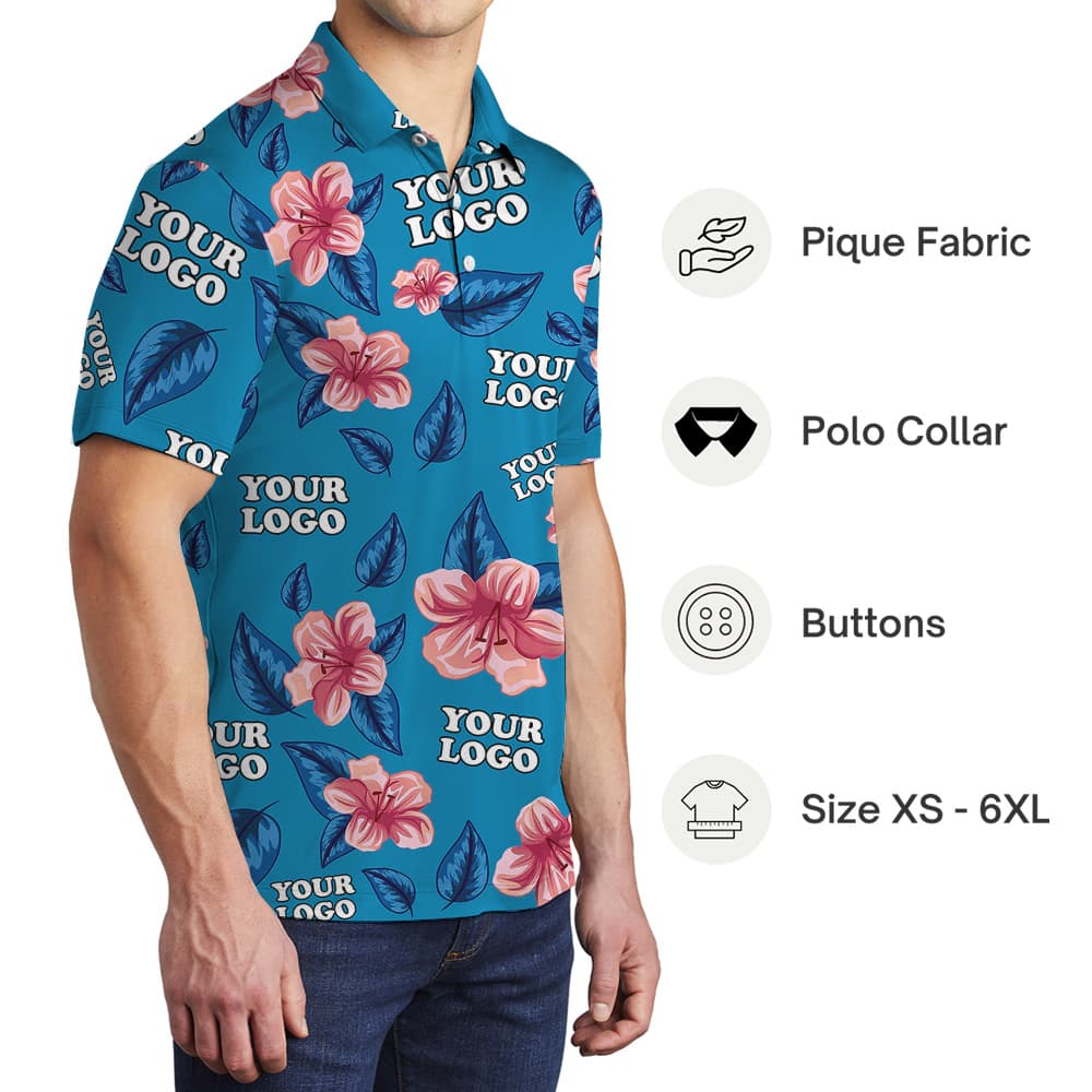 Custom 1-4 Logos Floral Blue Polo Shirt