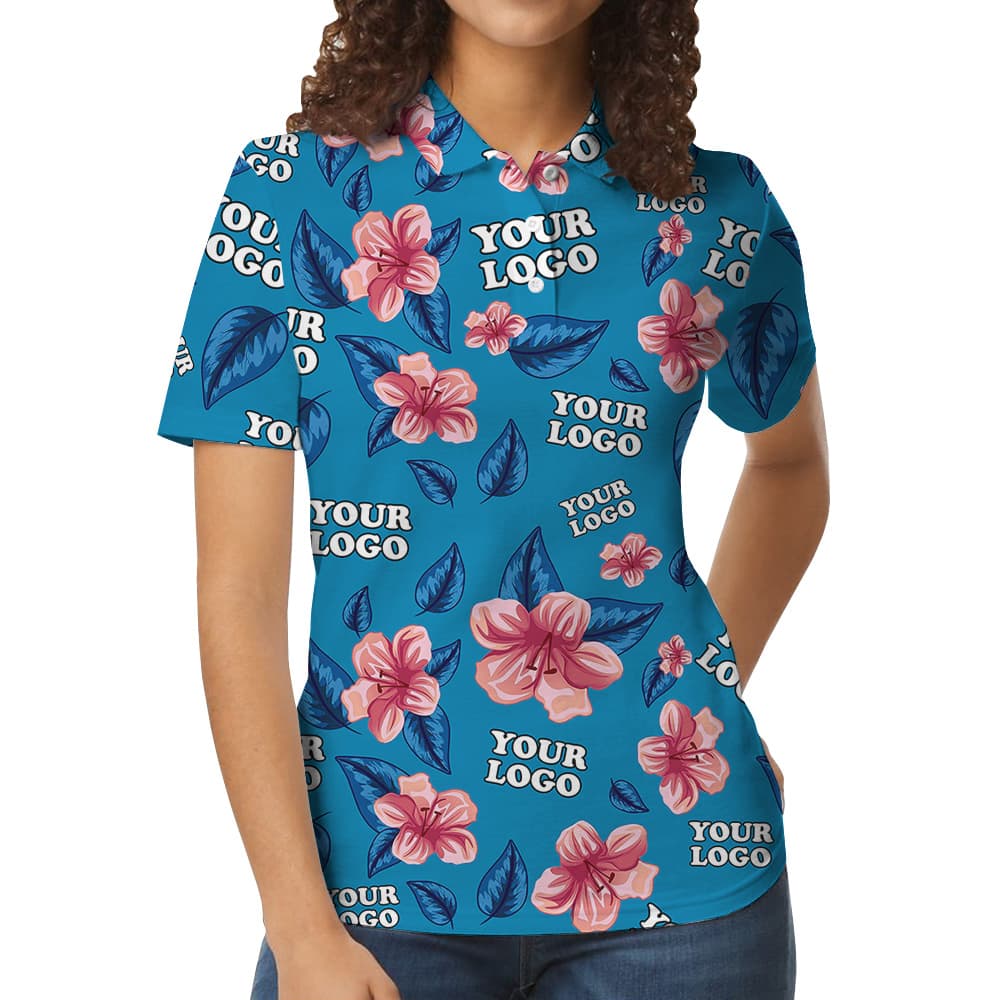 Custom 1-4 Logos Floral Blue Polo Shirt