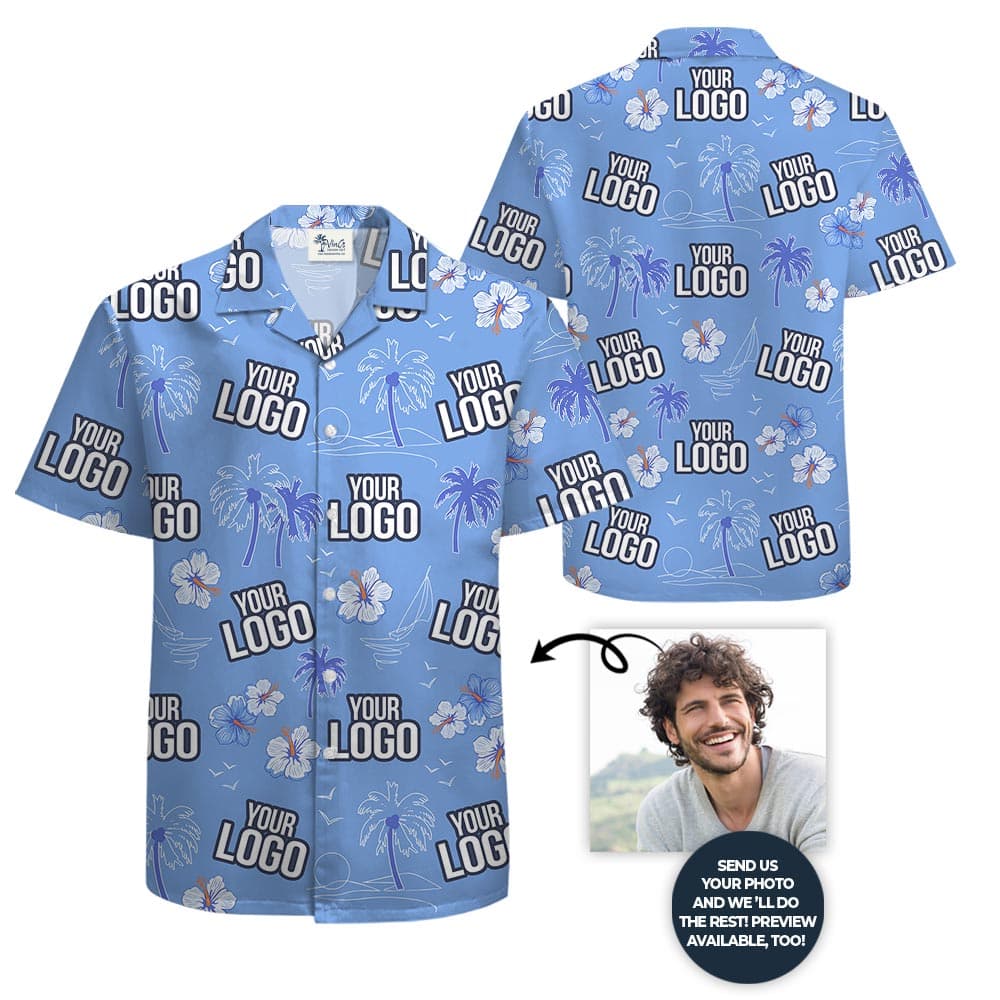 Custom Blue Aloha Shirt With Hibiscus For Company