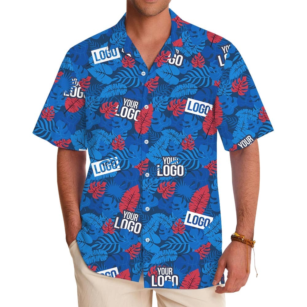 Custom Blue And Red Tropical Hawaiian Shirt With Company Logo