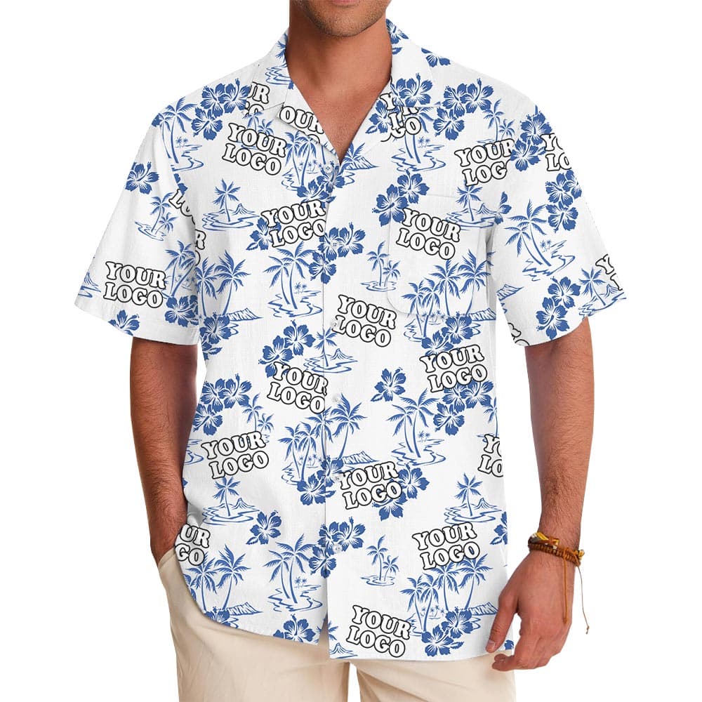 Custom Blue Logo White Hawaiian Shirt For Corporate with preview