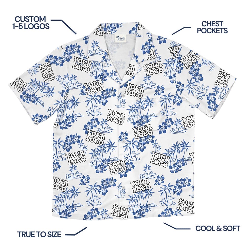 Custom Blue Logo White Hawaiian Shirt For Corporate with multiple logos