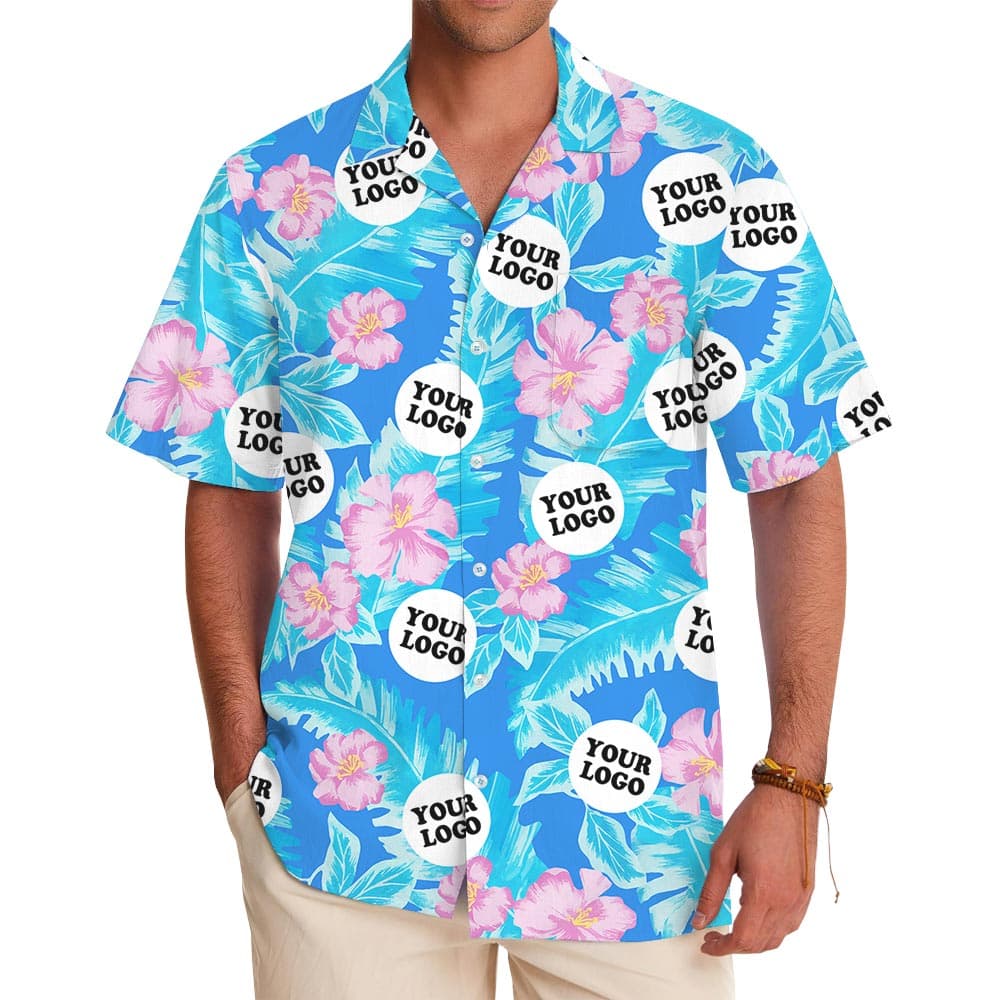 Custom Company Logo Blue Hawaiian Shirt Pink Hibiscus