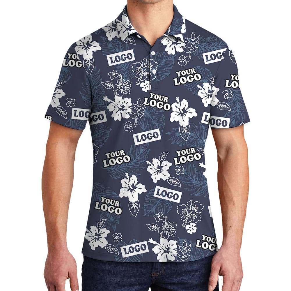 Custom Company Logo Blue Navy Tropical Polo Shirt