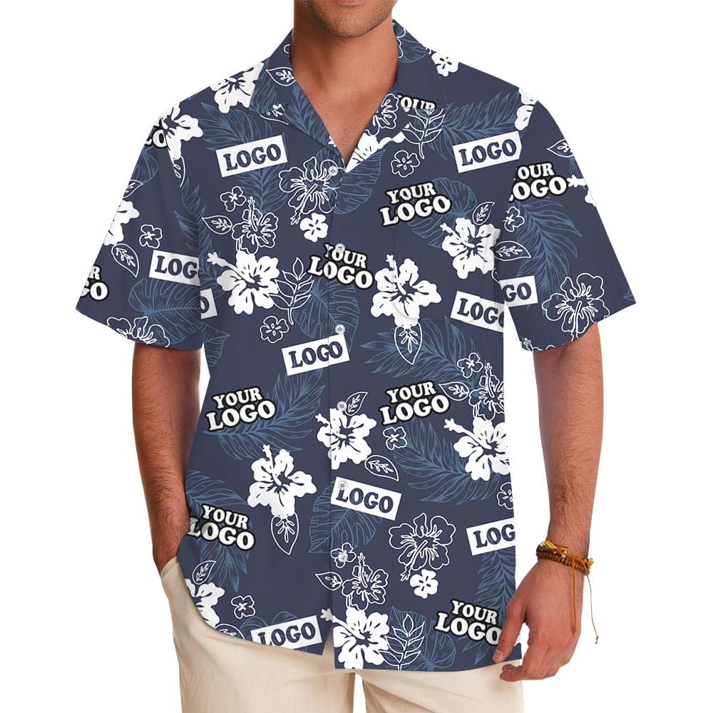 Custom Company Logo Navy Floral Aloha Shirt