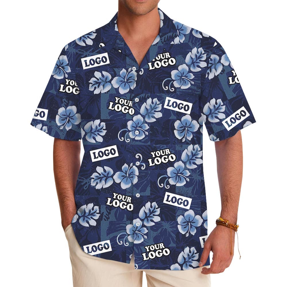 Custom Company Logo Navy Hawaiian Shirt With Pockets