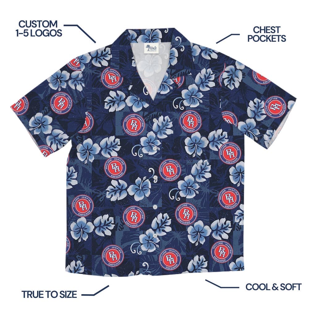 Custom Company Logo Navy Hawaiian Shirt With Pockets with preview for references
