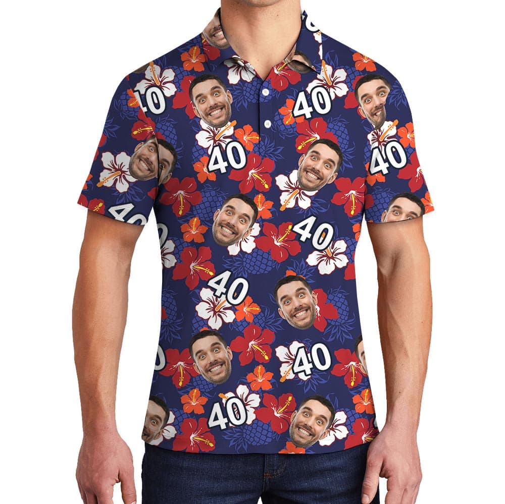 Custom Face Birthday Hawaiian Polo Shirt Navy