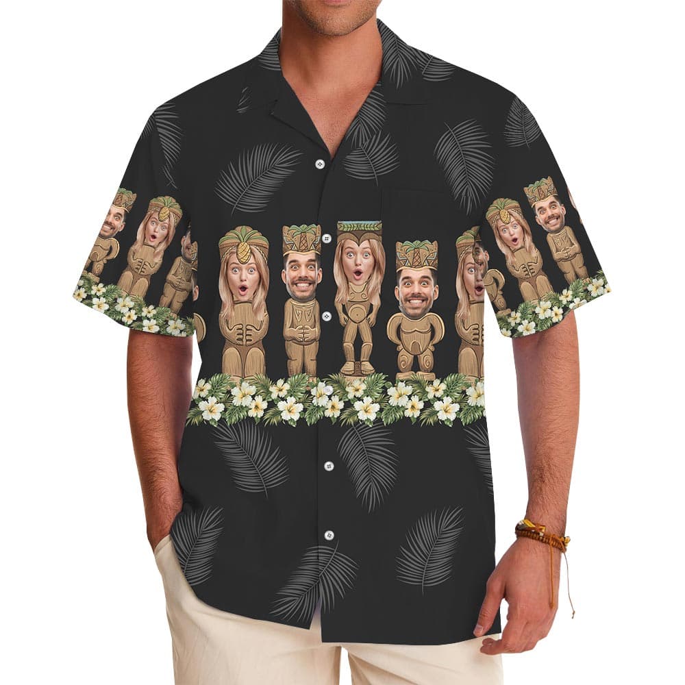 Custom Faces Black Tiki Button Up Aloha Shirt