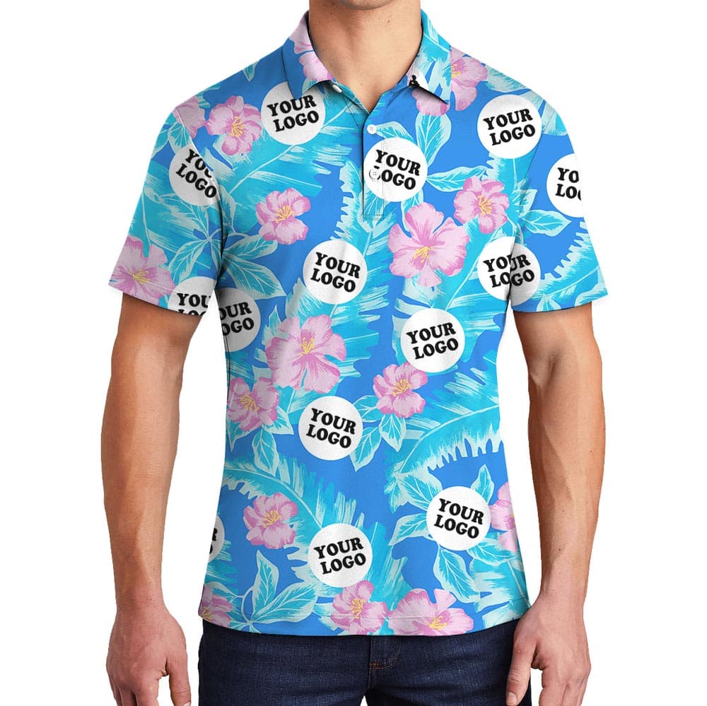 Custom Hibiscus Blue Hawaiian Polo With Your Logo