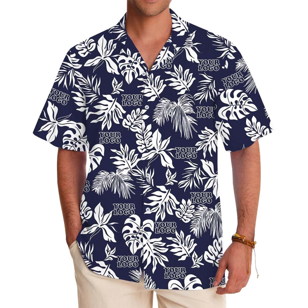 Custom Logo Black Hawaiian Shirt With Tropical Leaf Print
