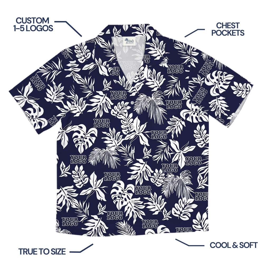 Custom Logo Black Hawaiian Shirt With Tropical Leaf Print