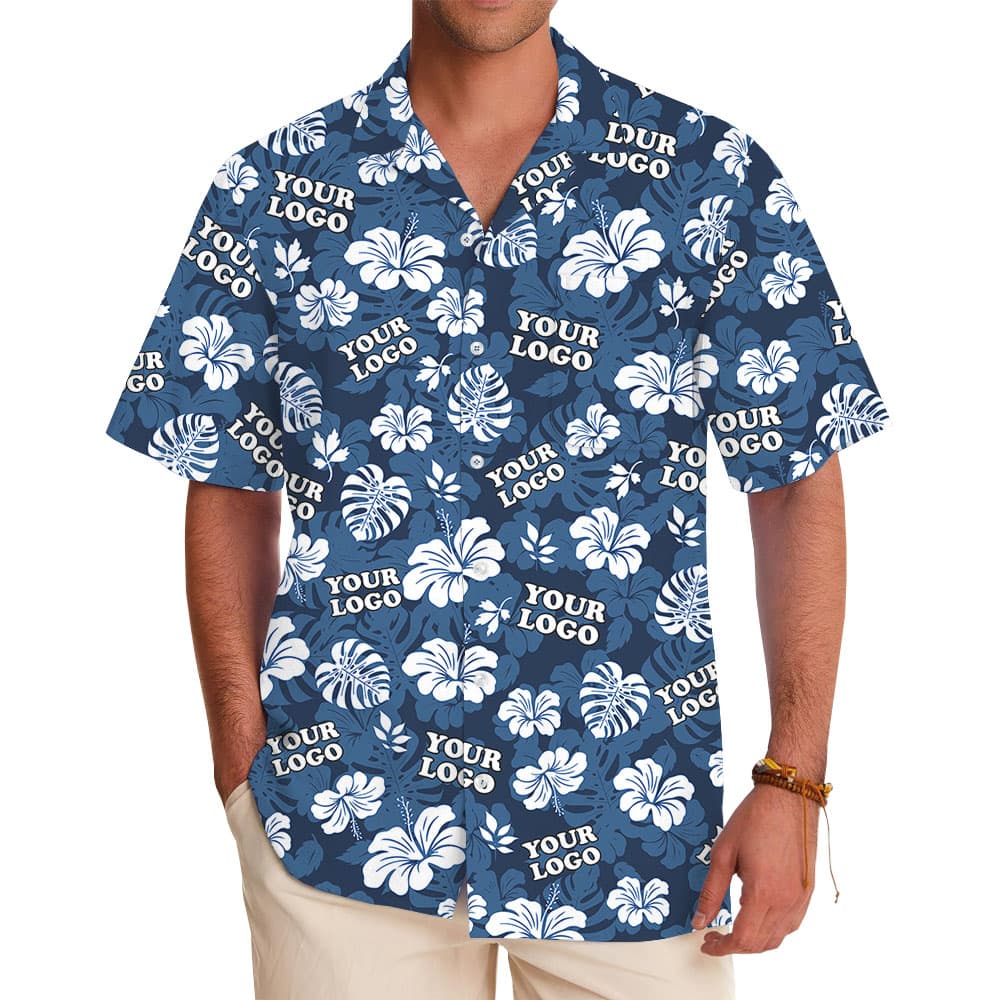 Custom Logo Blue Hawaiian Shirt With Floral Print