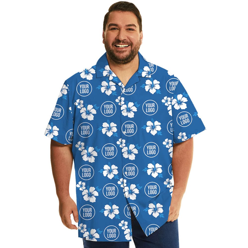 Custom Logo Blue Hawaiian Shirt With Hibiscus Print