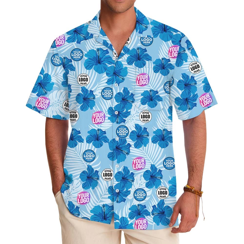 Custom Logo Blue Hibiscus Hawaiian Shirt With Preview