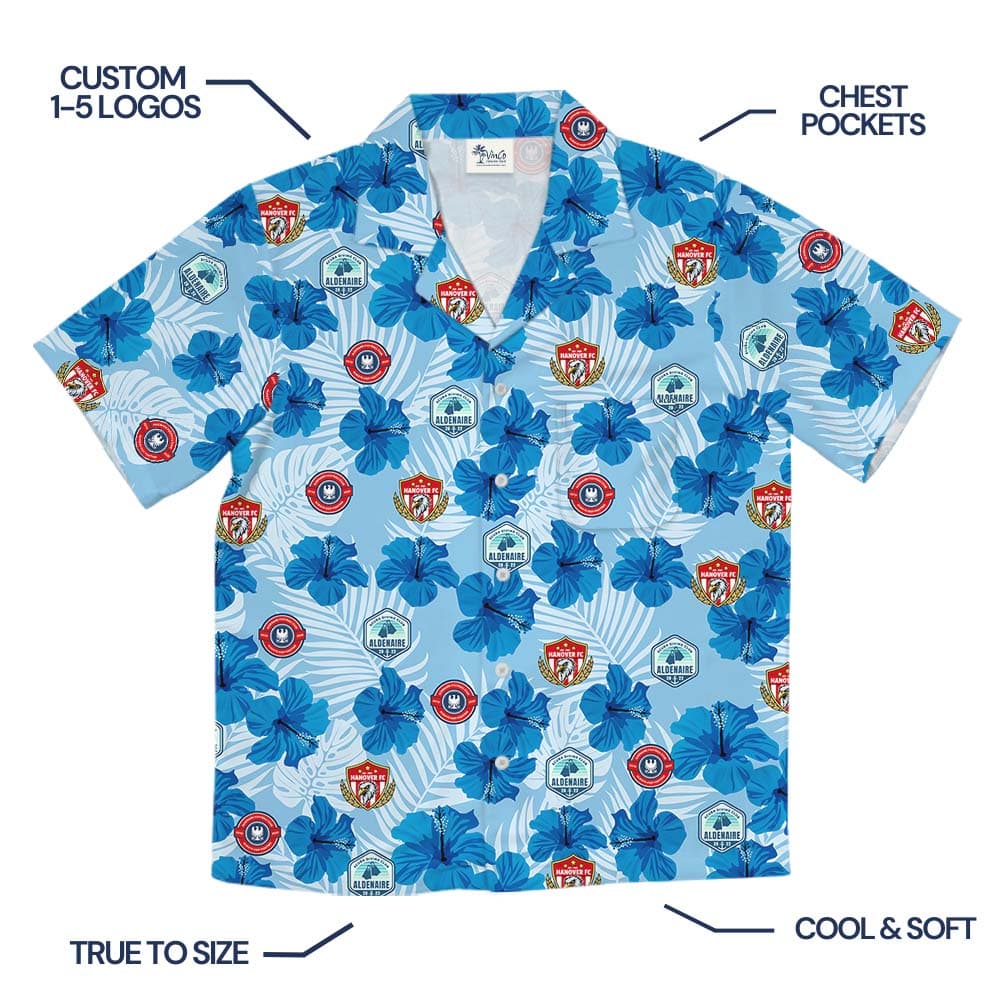 Custom Logo Blue Hibiscus Hawaiian Shirt With Preview