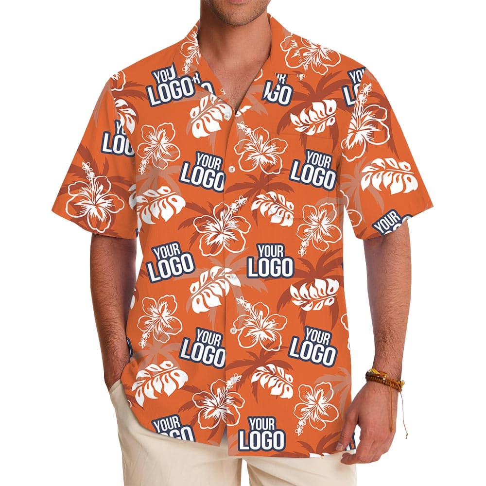Custom Logo Hawaiian Button Shirt Orange Hibiscus