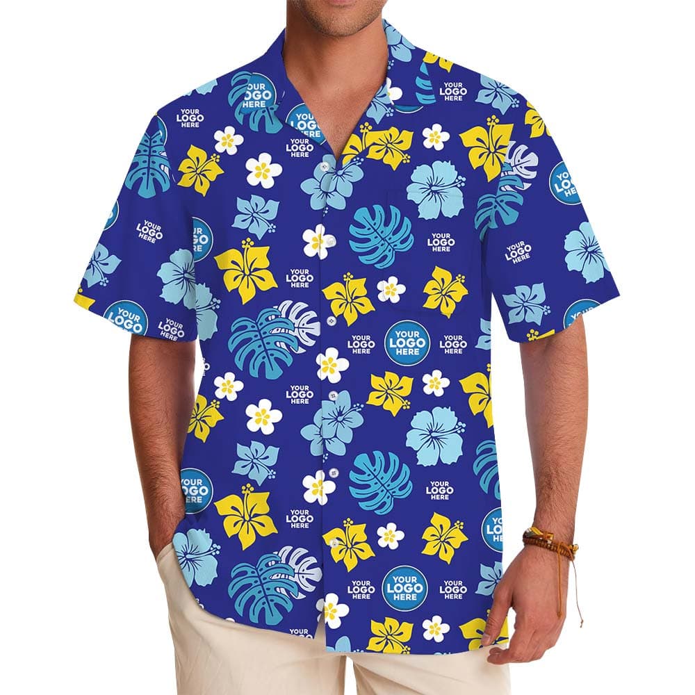 Custom Logo Navy Hawaiian Shirt With Front Pocket