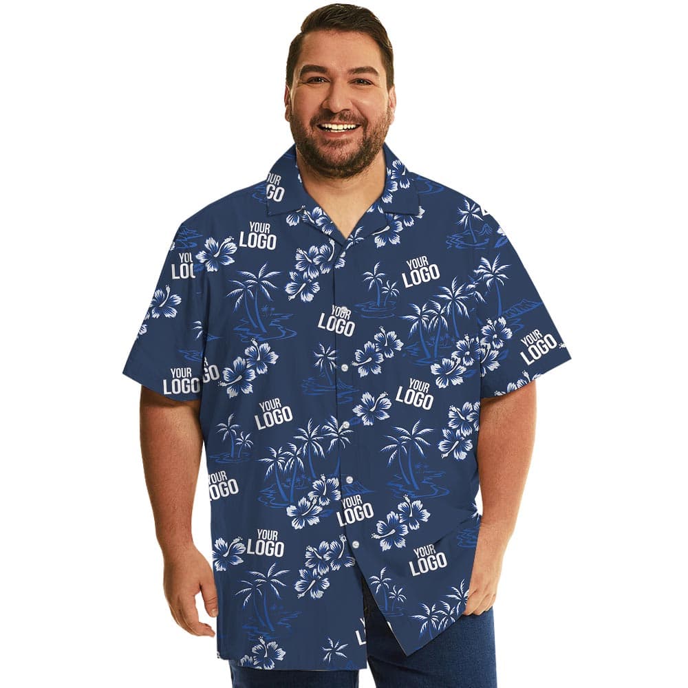 Custom Logo Navy Hibiscus Beach Theme Hawaiian Shirt
