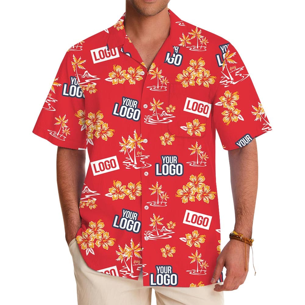 Custom Logo Red Tropical Button Shirt With Pocket