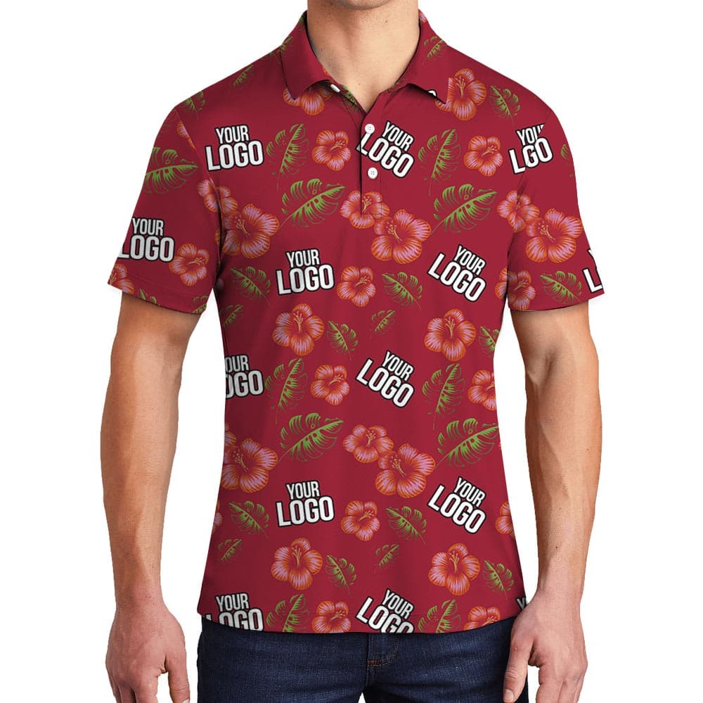 Custom Red Hibiscus Hawaiian Polo Shirt With Faces Or Logo