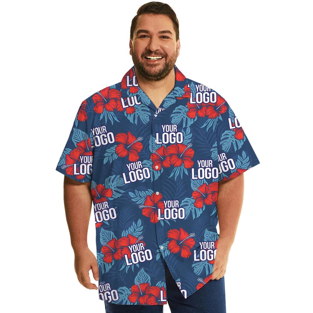 Custom Red Hibiscus Navy Hawaiian Shirt With Company Logo