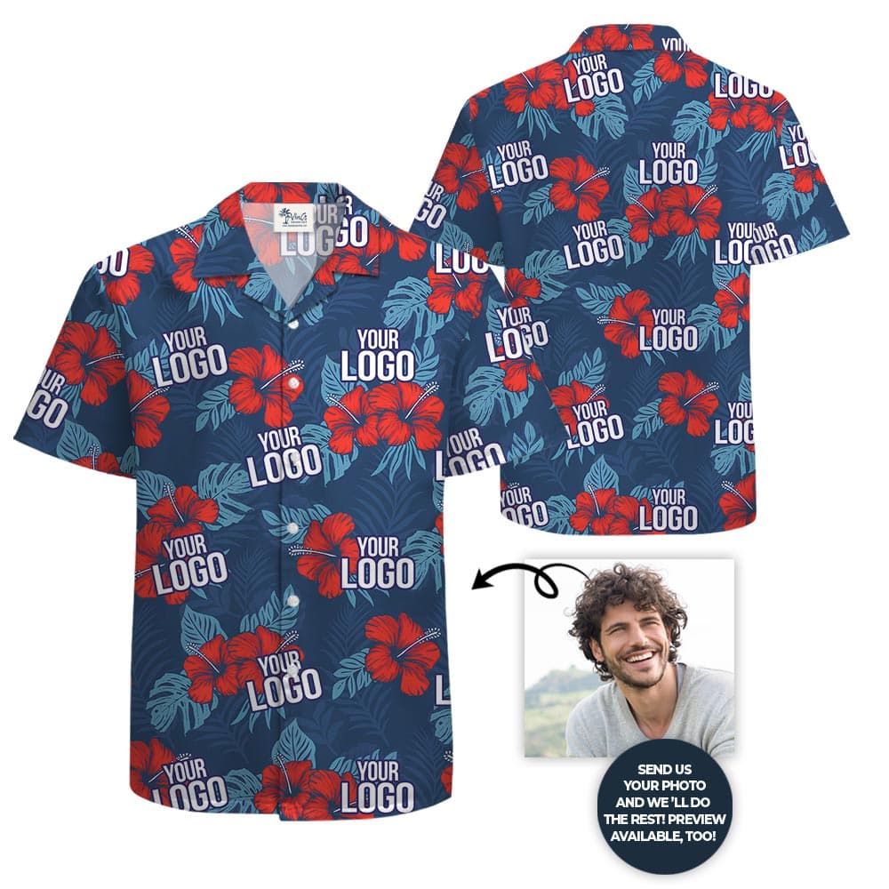 Custom Red Hibiscus Navy Hawaiian Shirt With Company Logo