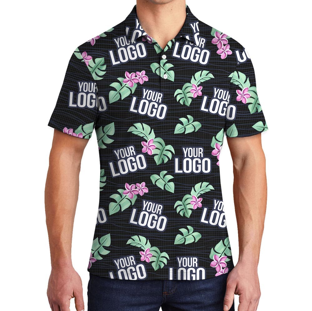 Custom Team Logo Black Tropical Polo Shirt