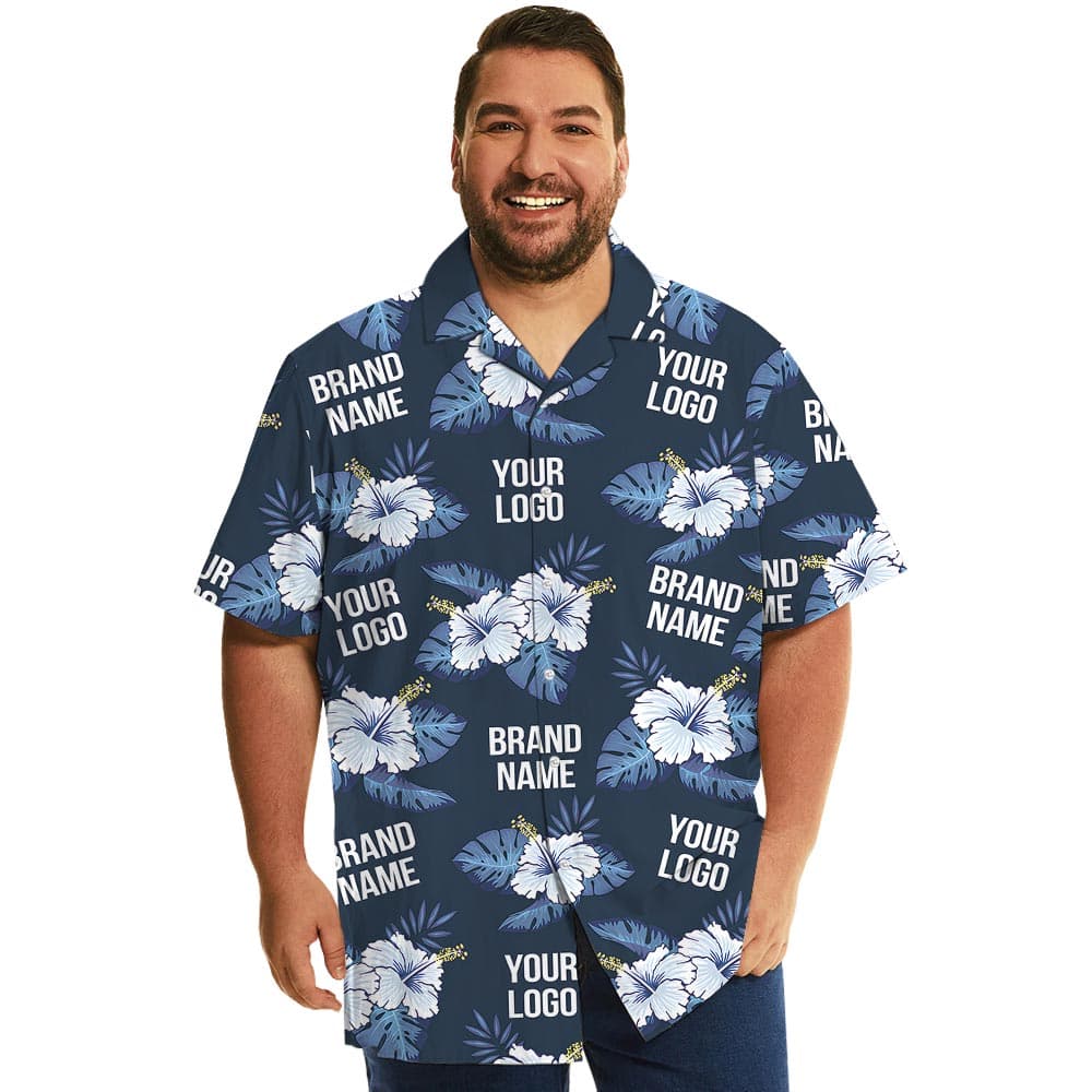 Customize Logo Navy Blue Hawaiian Shirt With Hibiscus
