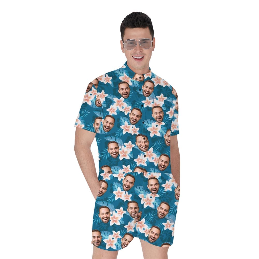Customize Your Face Men's Hawaiian Romper Blue Theme