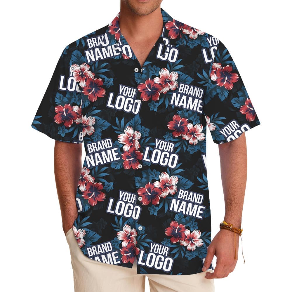 Customized Logo Hibiscus Navy Hawaiian Shirt With Pocket