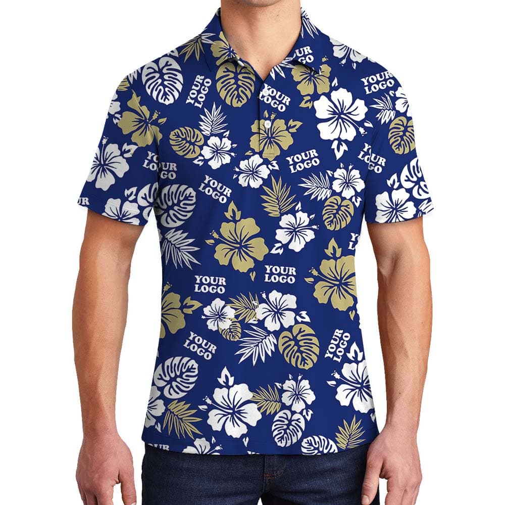 Customized Logo Navy Hawaiian Shirt With Floral Print
