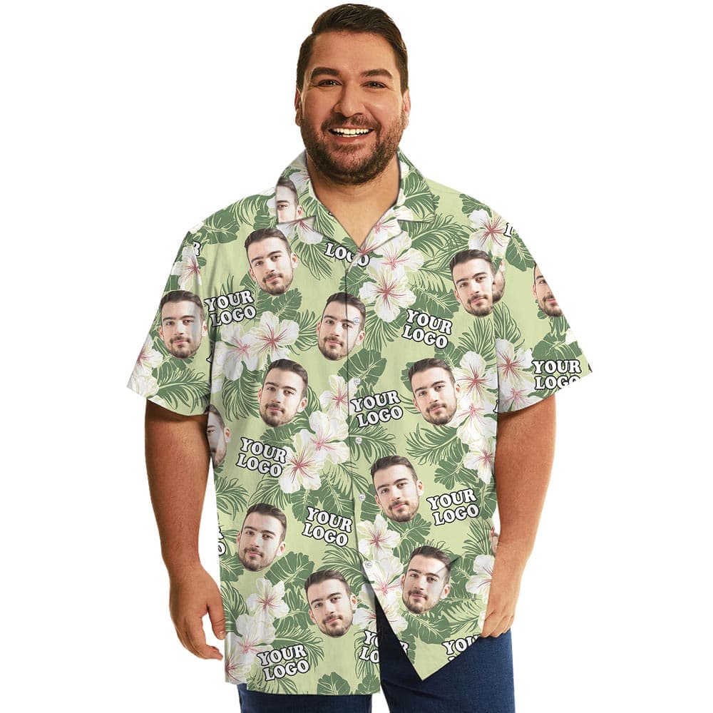 Floral Custom Face And Logo Green Hawaiian Shirt