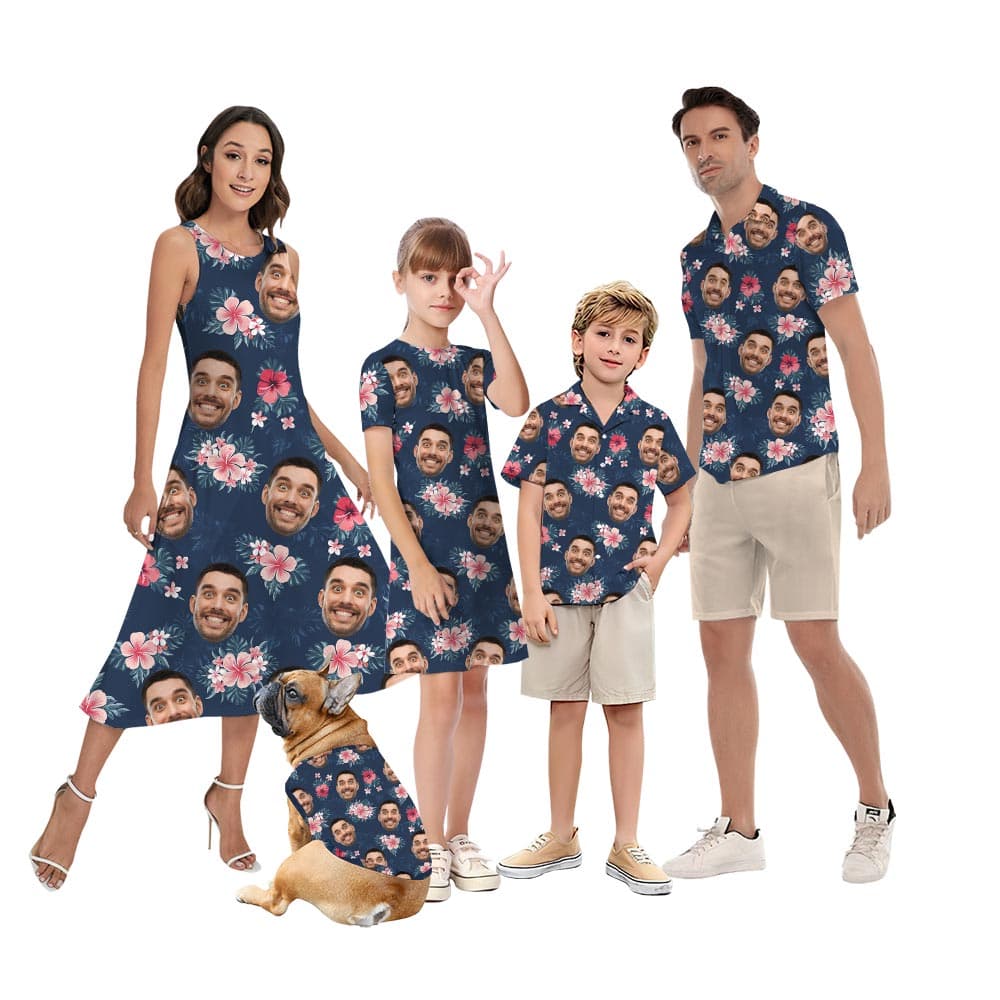 Funny Blue Floral Matching Aloha Shirt And Dress For Family