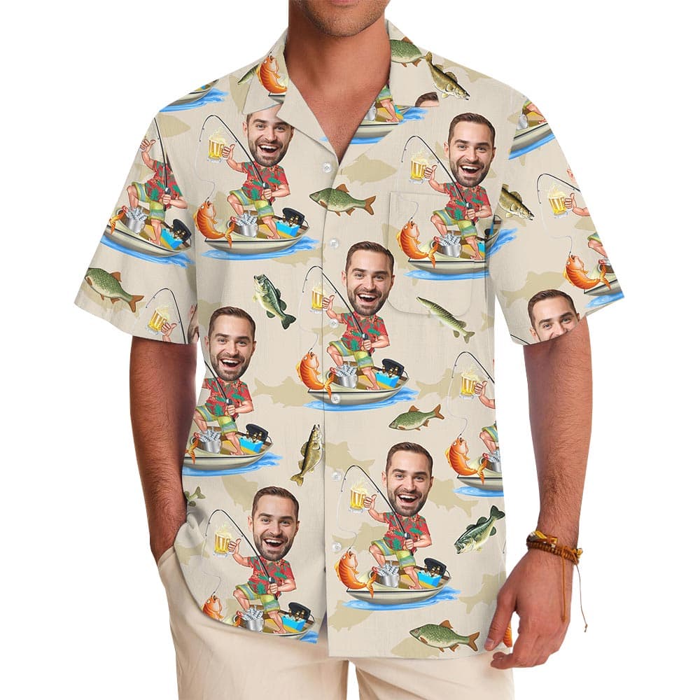 Funny Custom Face Fisherman Button Up Hawaiian Shirt