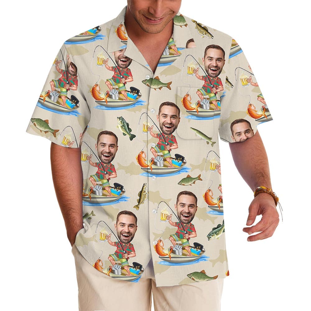 Funny Custom Face Fisherman Button Up Hawaiian Shirt