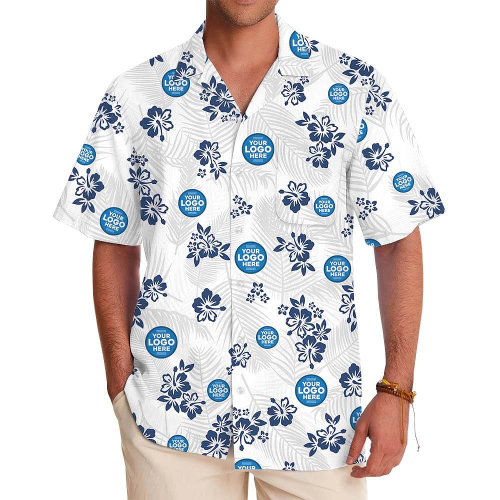 Hibiscus Tropical Leaf White Hawaiian Shirt With Logo