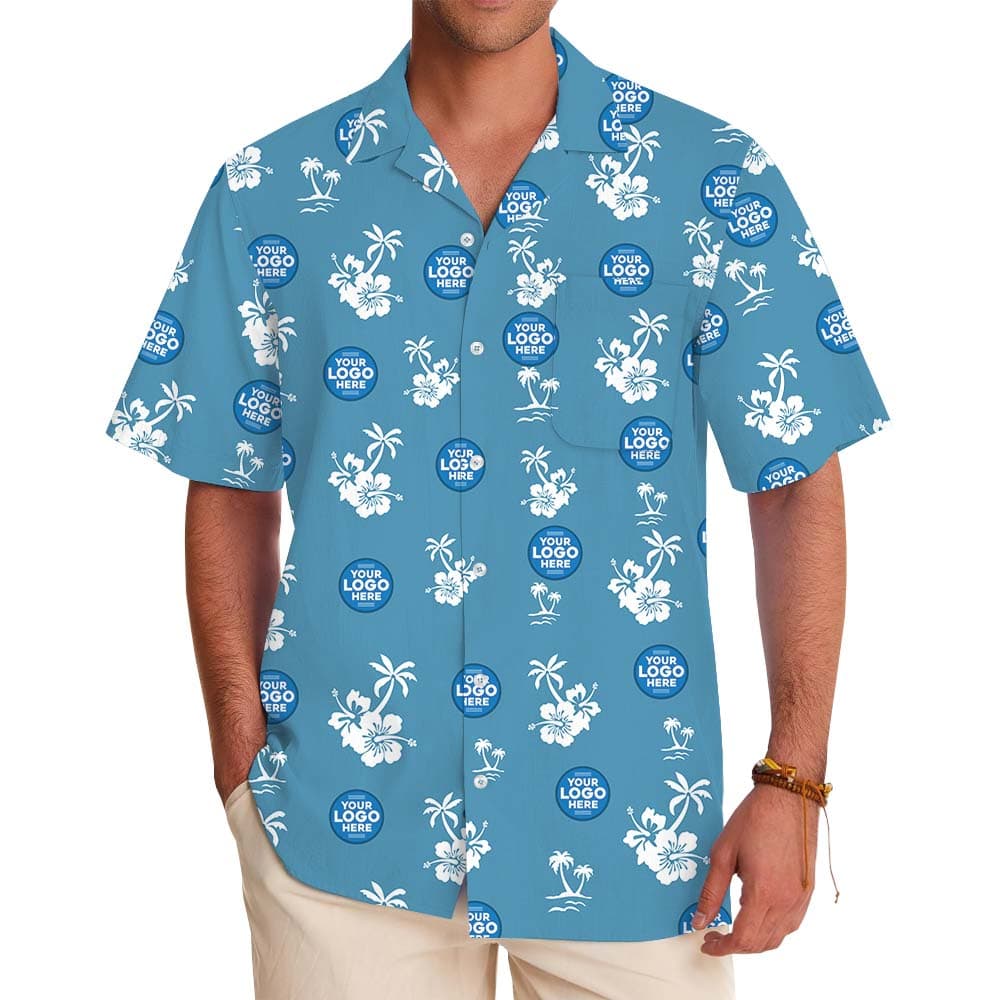 Island Vibe Blue Hawaiian Shirt With Multiple Logos