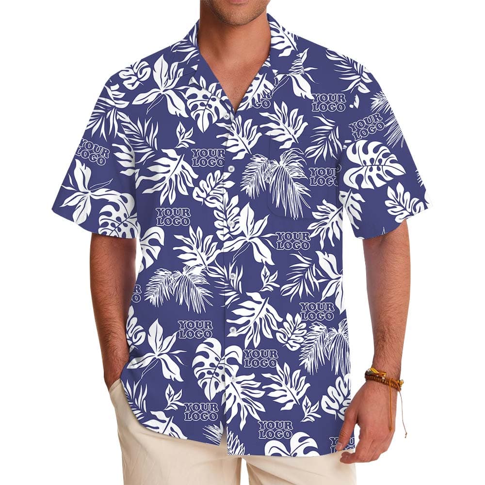 Navy Hawaiian Button Up Shirt With Custom Logo