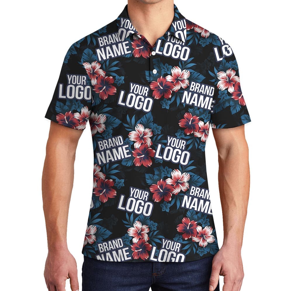 Navy Hibiscus Polo Shirt With Personalized Logo
