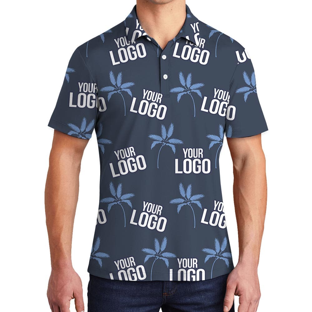 Navy Palm Trees Personalized Hawaiian Polo Shirt