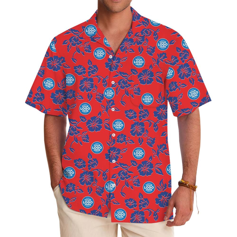 Navy Red Floral Hawaiian Shirt With Customized Logo