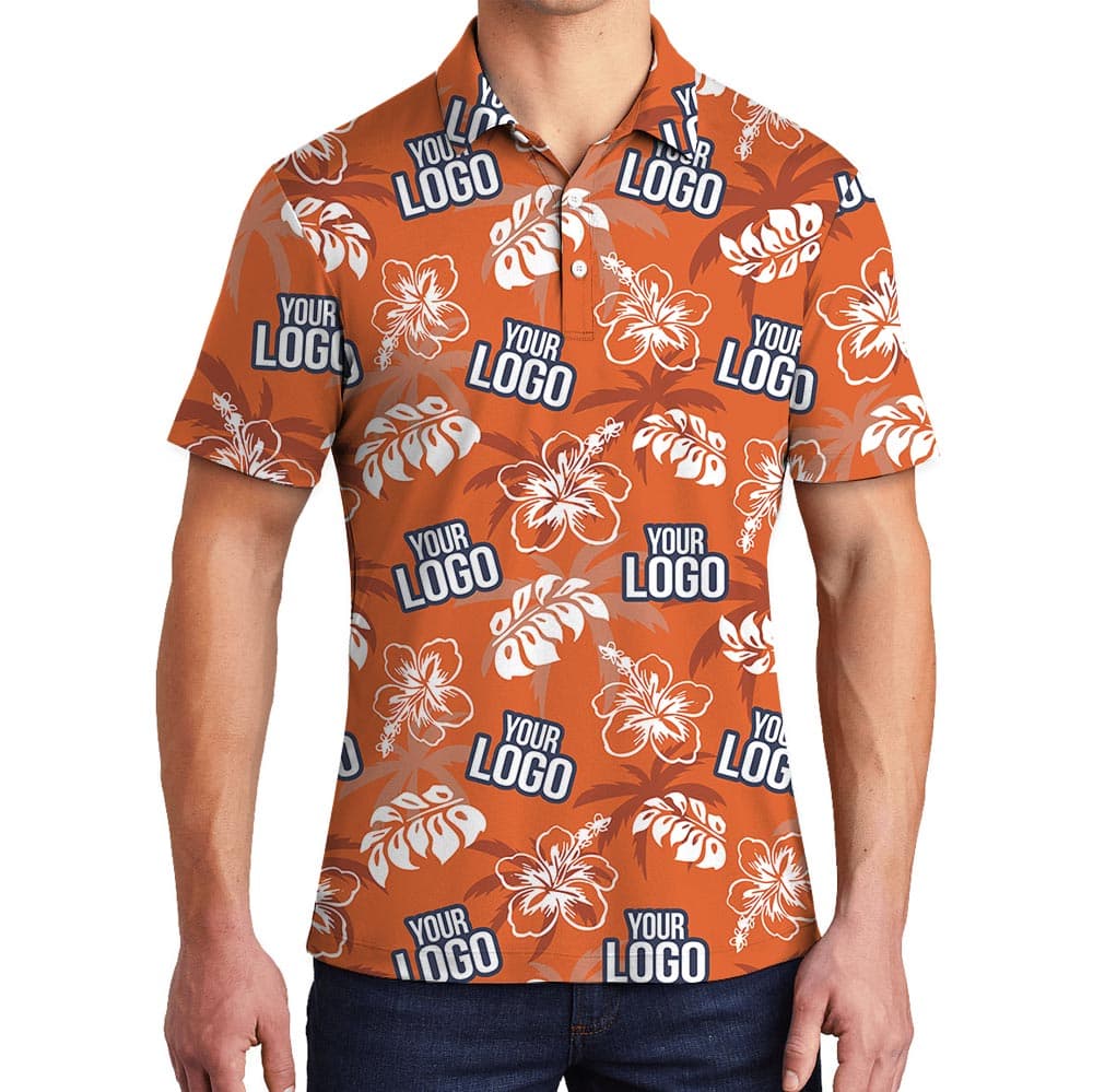 Orange Custom Logo Tropical Aloha Polo Golf Shirt