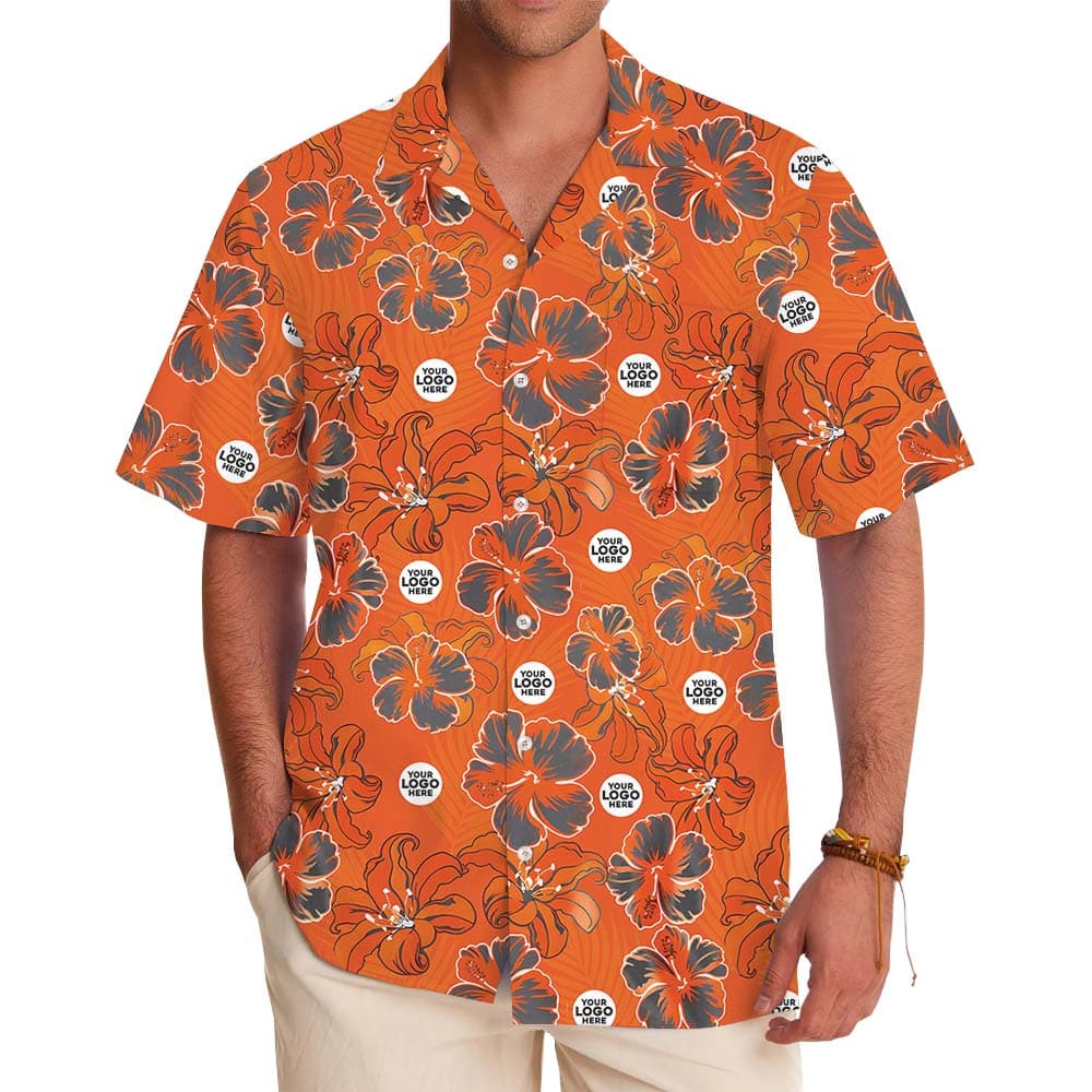 Orange Hibiscus Button Up Logo Hawaiian Shirt With Logo
