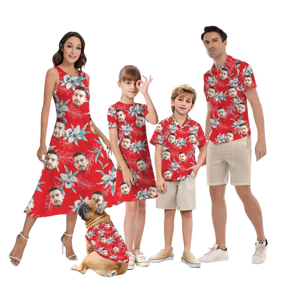 Personalized Red Matching Aloha Shirt And Dress For Family